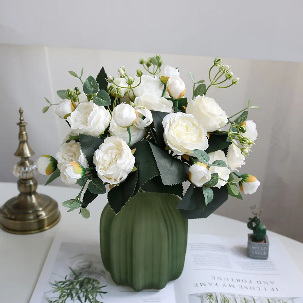 

35cm Silk Rose Artificial Flowers Fake Penoy Artificial Bouquet 5 Big Head 4 Little Bud Wedding Home Party Garden Decoration