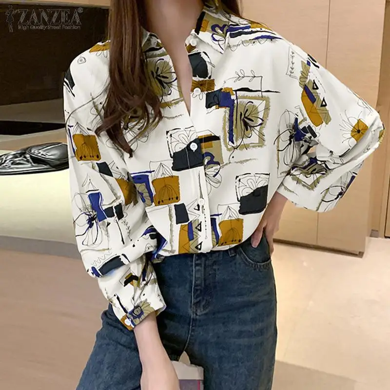 

Oversized Blusas Women Bohemian Printed Blouse ZANZEA Elegant Loose Full Sleeve Shirt 2022 Fashion Spring Lapel Collar Chemise