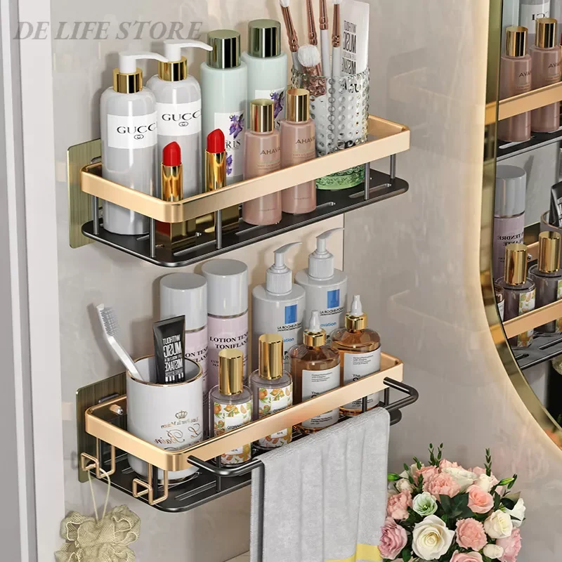 

NEW2023 Luxury Bathroom Shelves Without Drilling RustProof Aluminum Shower Wall Shelf Shampoo Towel Holder Bathroom Organizer Ac