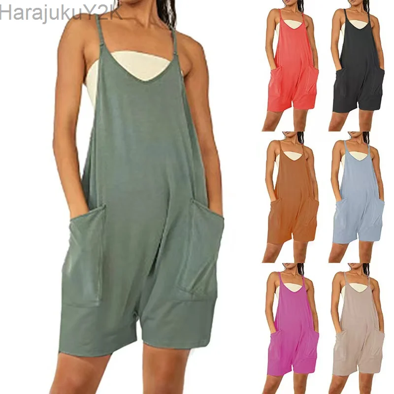 

Summer Playsuits Rompers Women Casual Solid Strappy Pockets Wide Leg Overalls Loose Shorts Jumpsuits One Piece Outfit Homewear