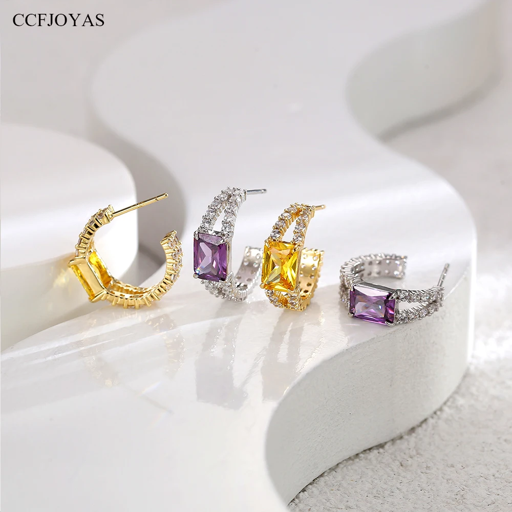 

CCFJOYAS High Quality 925 Silver Needle Square Yellow/Purple Zircon Earrings European and American Women Fashion Jewelry New