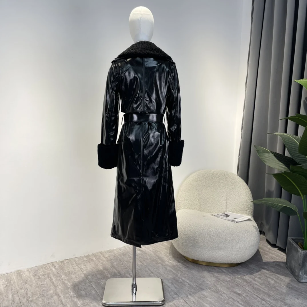 2023 New Arrival Winter Top Quality Casual Black Faux Leather Long Jacket Full Sleeve Fur Collar Windbreakers Women