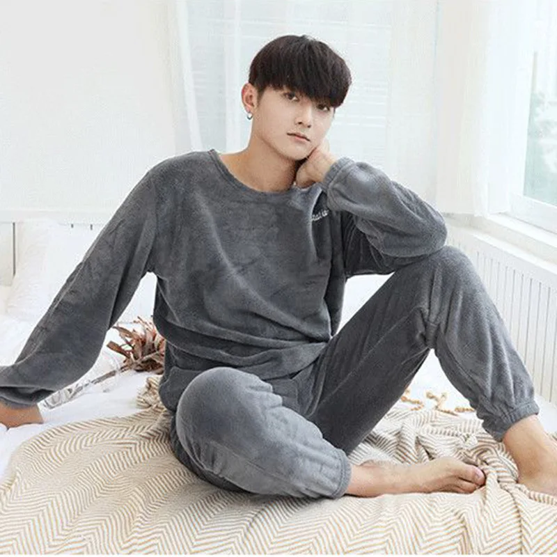 

Новинка, свободные мужские комплекты для дома, однотонный фланелевый костюм с длинным рукавом, одежда для сна большого размера 2022, Мужская В...