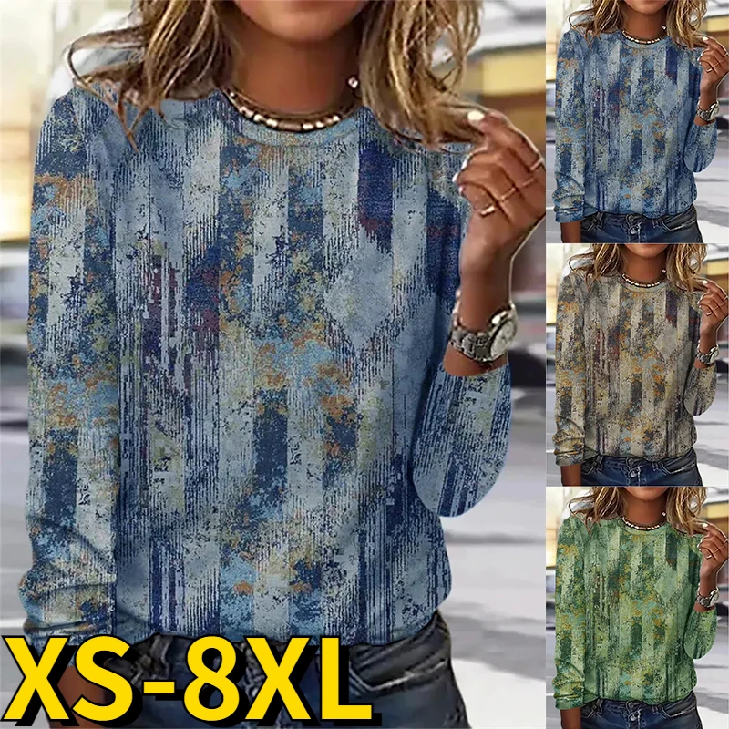 2022 Autumn Winter Vintage Print Tops Ladies Round Neck Long Sleeve Retro Tee Shirt Fashion Casual T-shirt Elegant Slim Pullover
