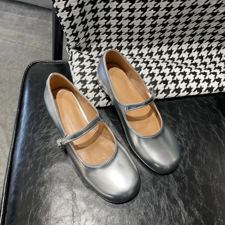 Туфли женские с круглым носком Мэри Джейн из натуральной золотой и серебряной