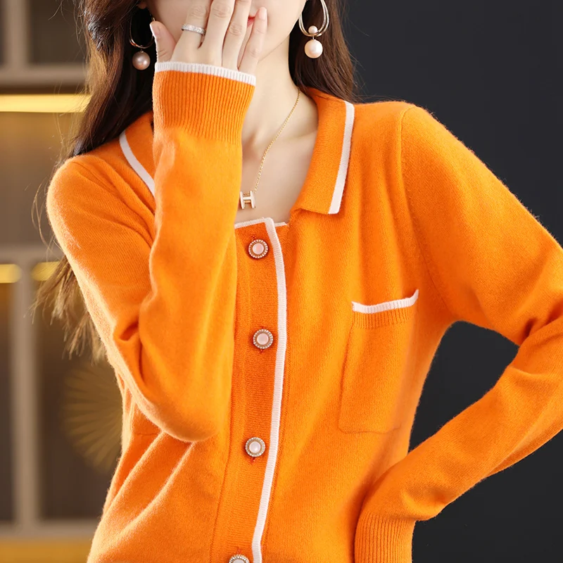 

RONGYI 100% Pure Wool Women's Cardigan Sweater With Pockets Autumn And Winter Cashmere Knitted High Quality Fashion Top JS012