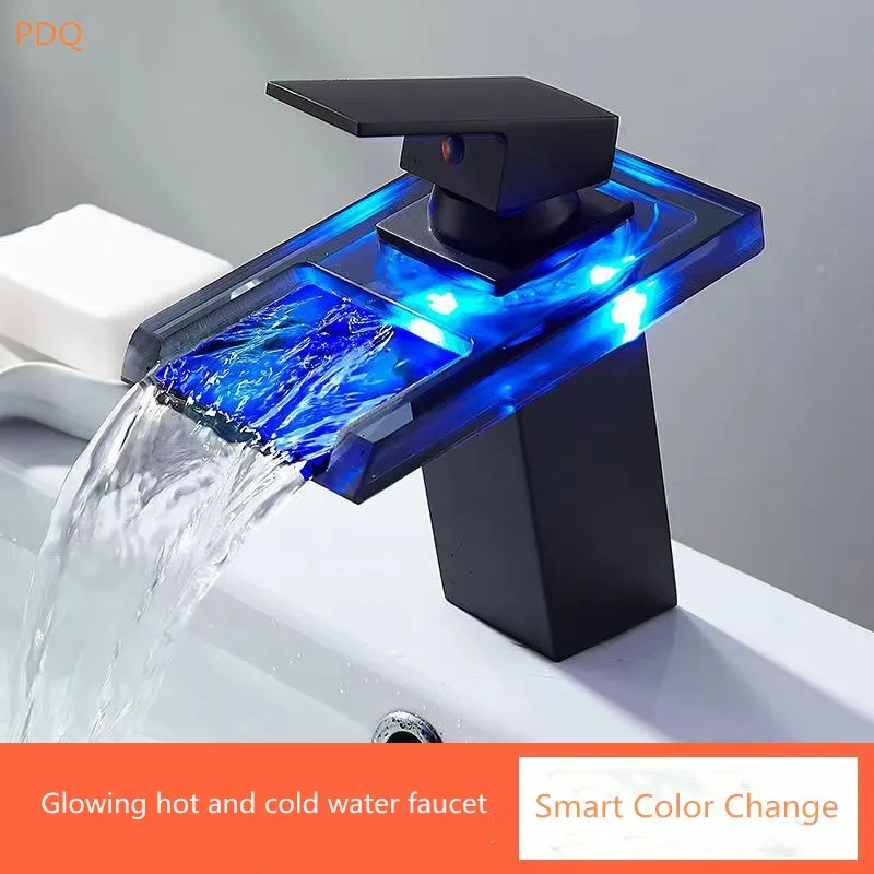 

LED hot and cold chameleon faucet full copper basin faucet home black waterfall bathroom faucet water flow power generation