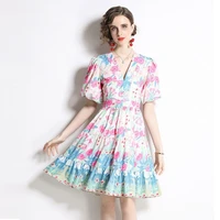 women dresses summer 2022 runway fashion floral print vintage dress v neck lantern sleeve ruffles boho mini dress