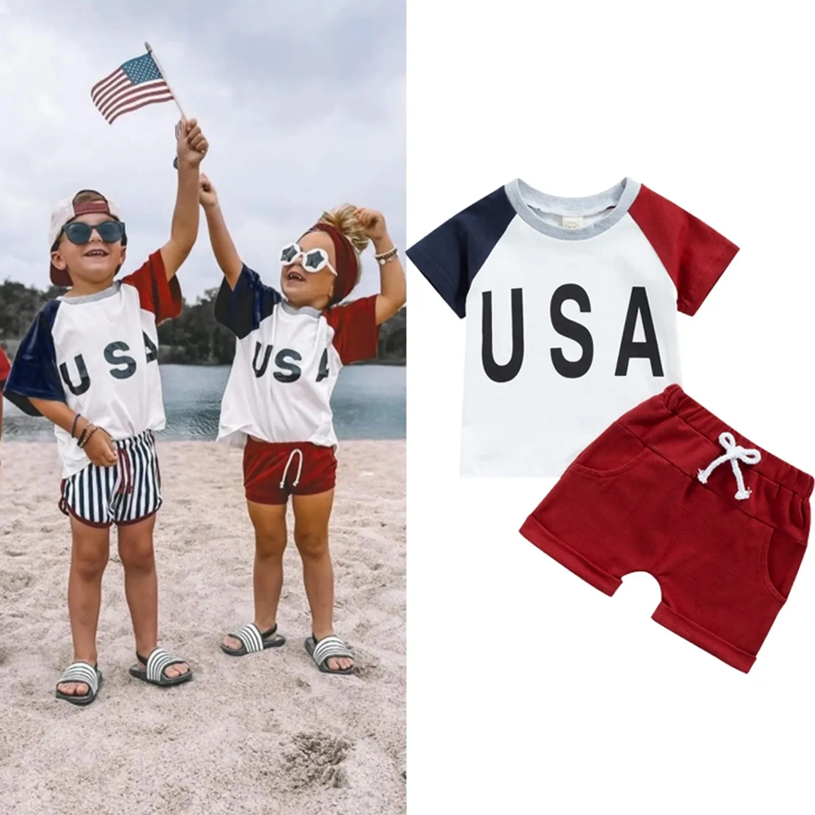 

Женская одежда для малышей на День Независимости, Летние повседневные футболки, костюмы, цветная Лоскутная футболка с коротким рукавом и бу...