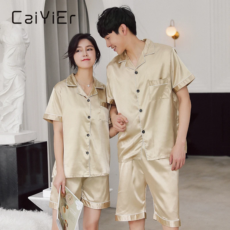 CAIYIER Summer Solid Color Silk Lover Nightwear Short Sleeve Casual Family Sleepwear Men & Women Couple Lounge Wear Pijama Set
