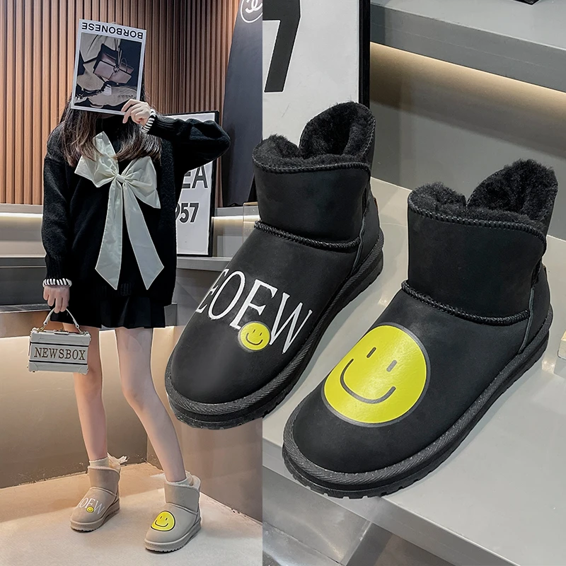 

Женские Короткие Зимние ботильоны с милым принтом Smlie, женские замшевые ботильоны с круглым носком и плоской подошвой