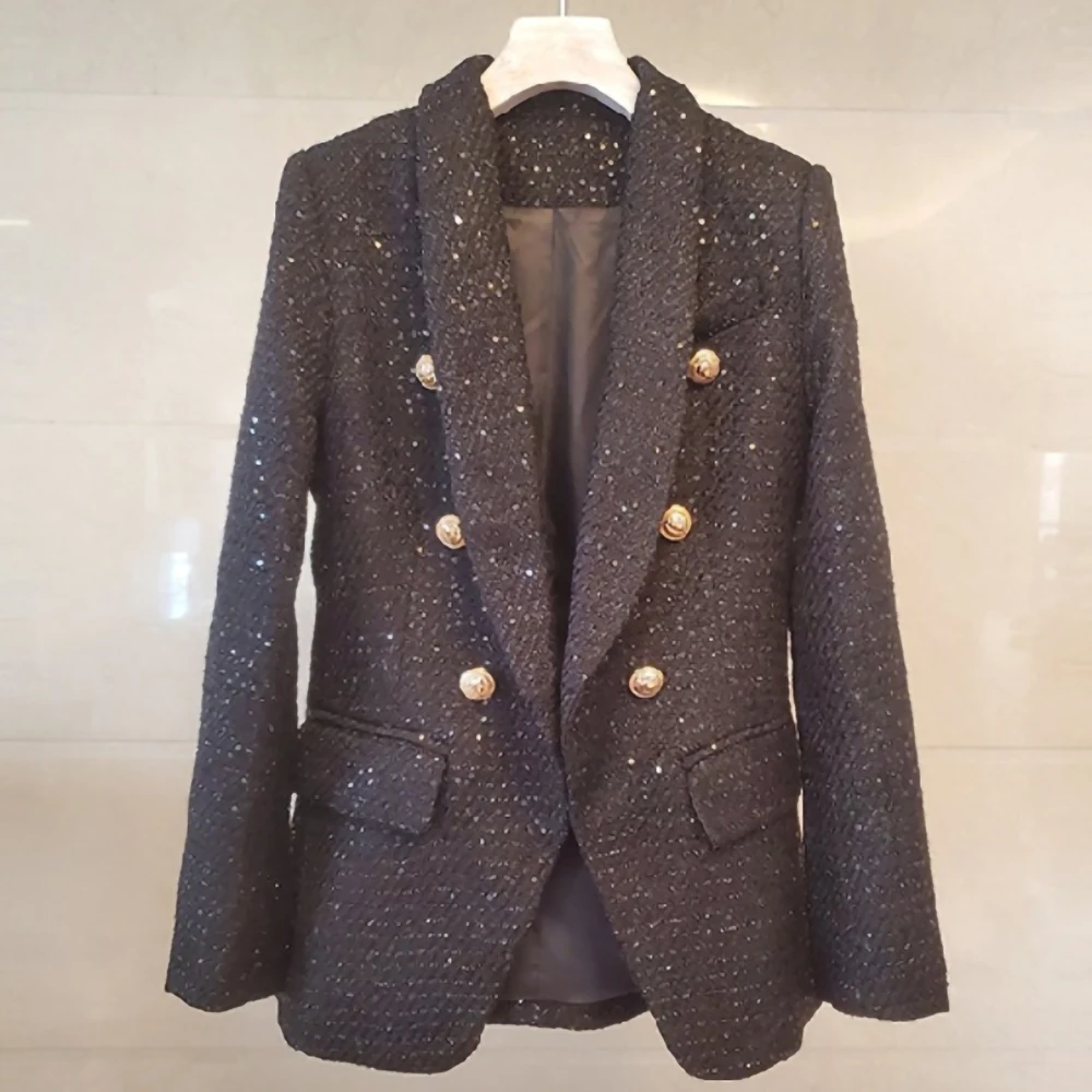 Tailor Store customize plus size black tweed mid-length coat  winter sparkly women oversized  jacket clothes