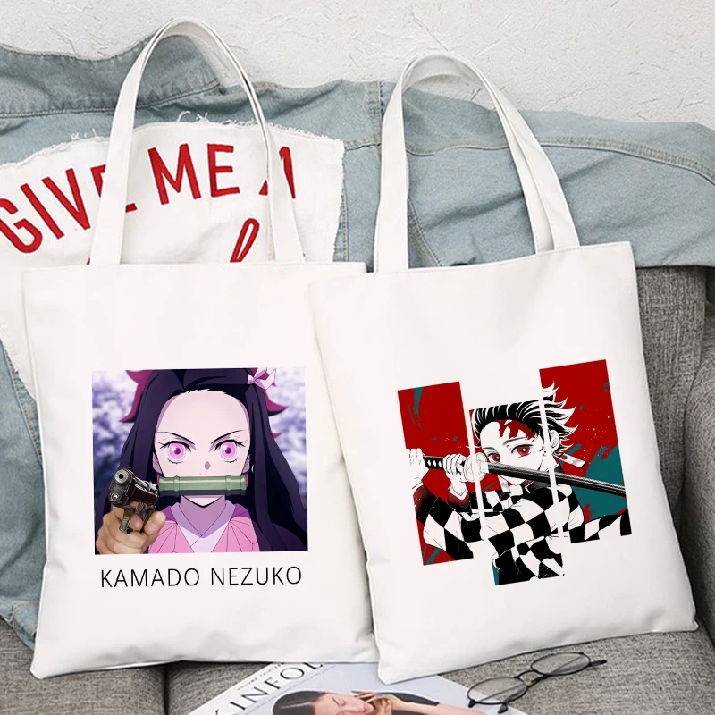 

Сумка для покупок Kamado Nezuko Kawaii аниме, Большой Вместительный тоут с рассеканием демонов, многоразовая сумочка на плечо, Ecobag