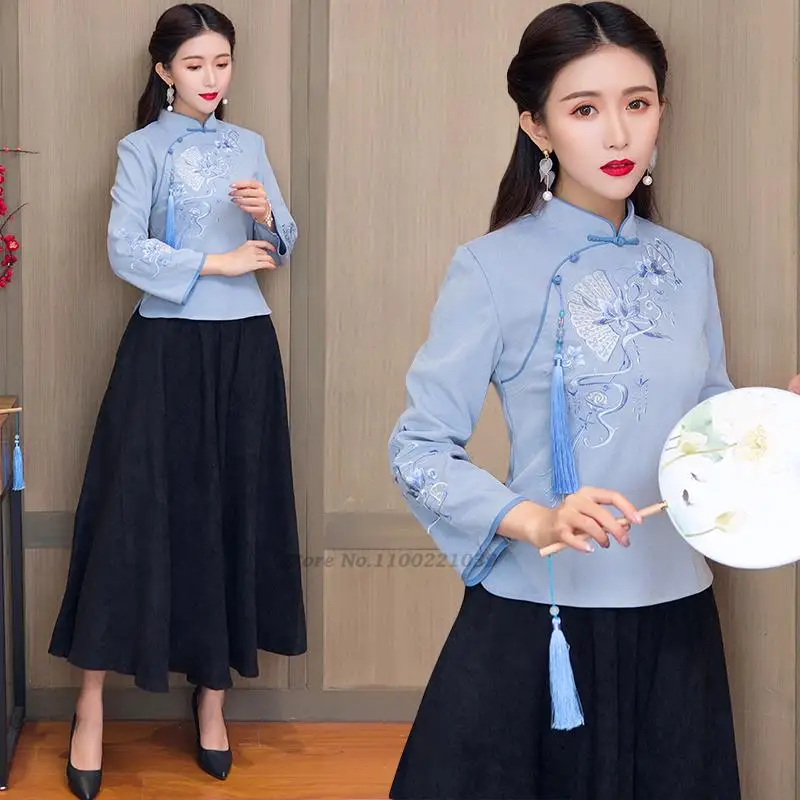 

2022 improved cheongsam tops women chinese style tang suit national flower embroidery hanfu vintage traditional casual blouse