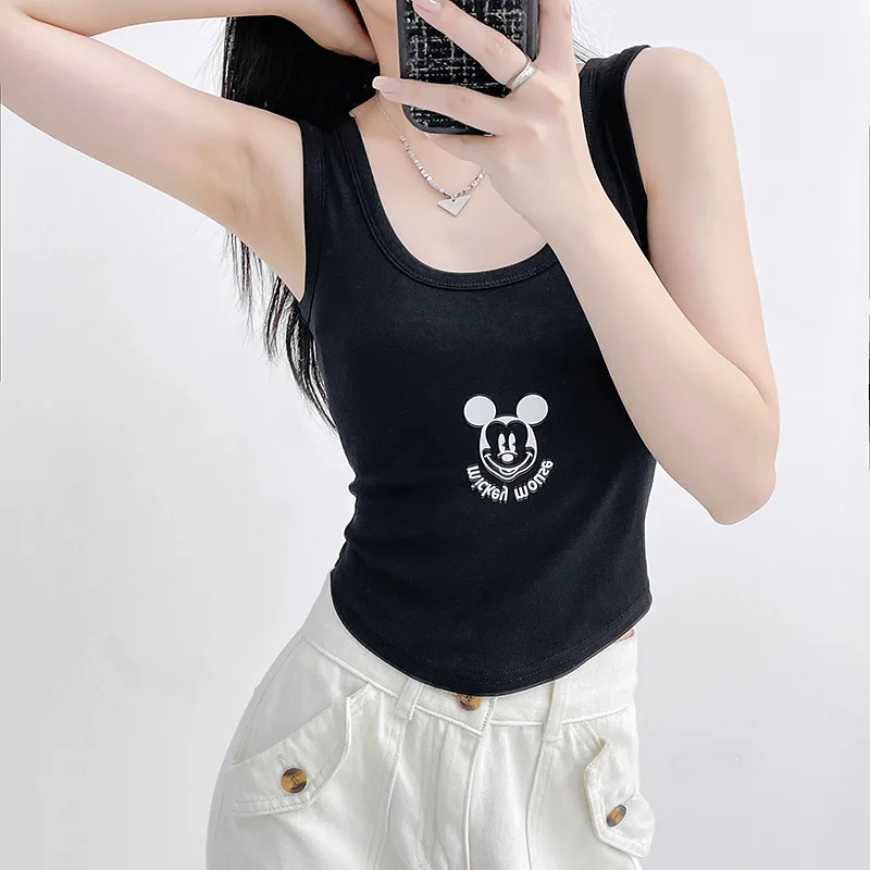 Майка женская летняя облегающая без рукавов с принтом Микки
