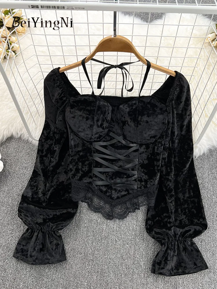 

pring Autumn Long leeve hirt Women White Black Lace Patchwork Halter Blua Ladie Elegant Cropped Top Korean