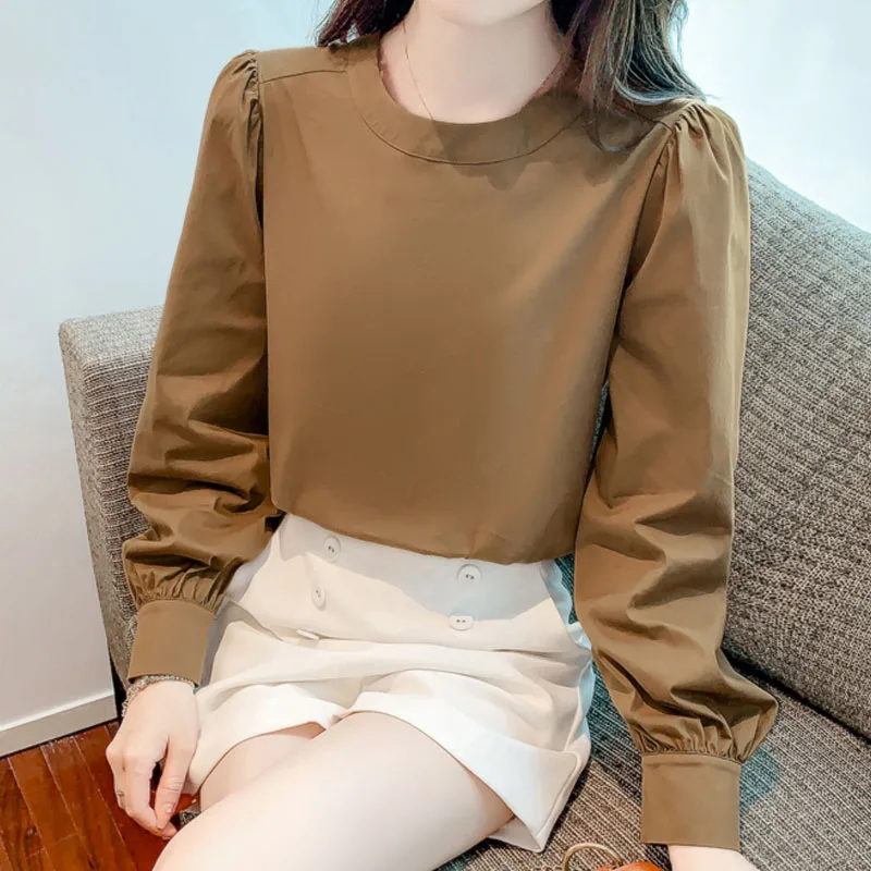 

Осенние Топы с длинным рукавом, женская одежда, новинка, Офисная женская Свободная рубашка с круглым вырезом и пышными рукавами, Женская однотонная блузка 28949