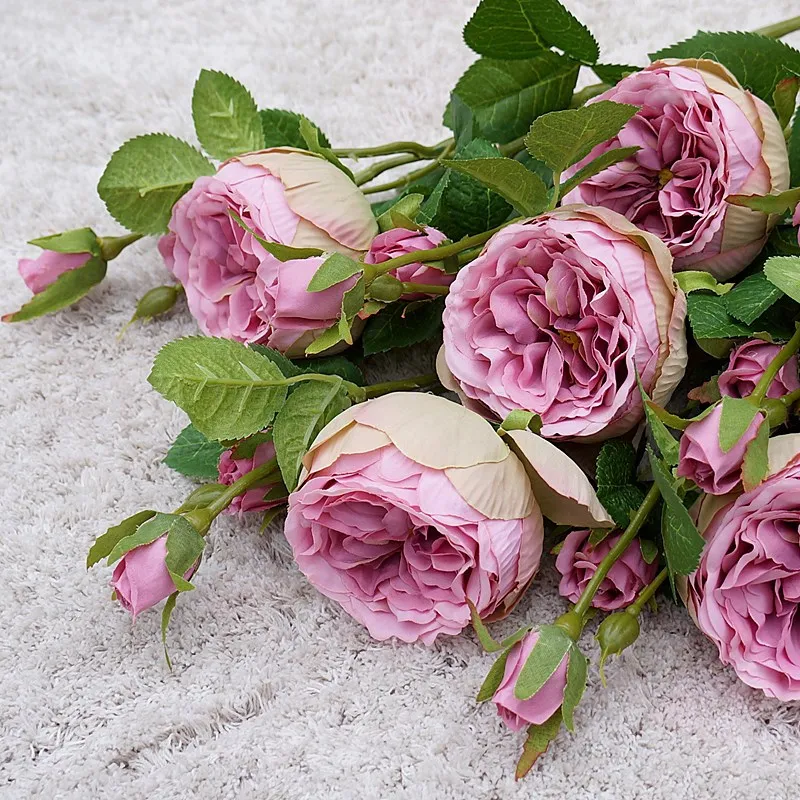 High Quality Simulation Single Branch 3 Roses Home Living Room Dining Table Wedding Decoration Fake Artificial Flowers Cheap |