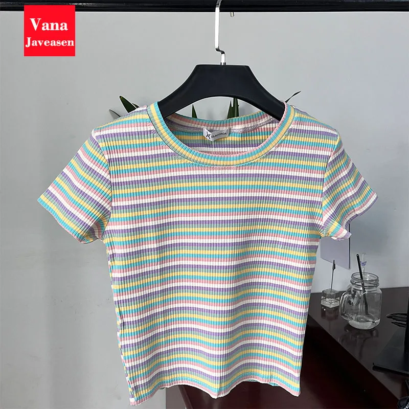 

New Women Knitwear T-Shirt Y2k Cotton Kawaii Clothes Rainbow Striped TShirt Summer Women'S Shirt Offer Free Shipping Short Tops