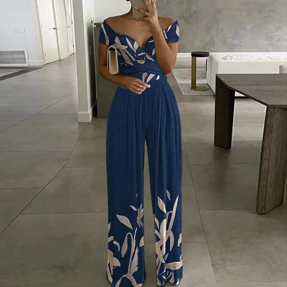 

Pleated Stylish Straight Pattern Deep V Neck Summer Romper Breathable Summer Jumpsuit Short Sleeve Female Clothes