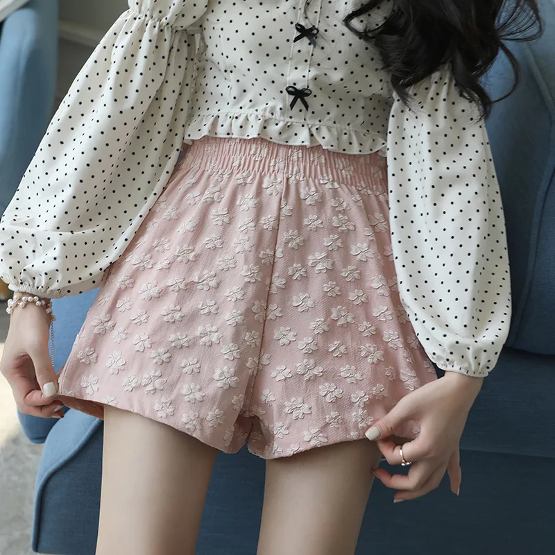 Women Shorts New Summer High Waist Jacquard Short Pants A-line Elastic Waist Wide Leg Korean Fashion Thin Casual Sport Shorts