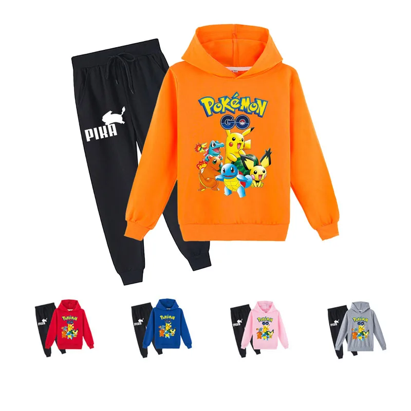 

Anime Pokemon Cartoon Children's Kawaii Clothing Spring and Autumn Printing O-Neck Shirt Hoodie Top + Leggings Trousers Set