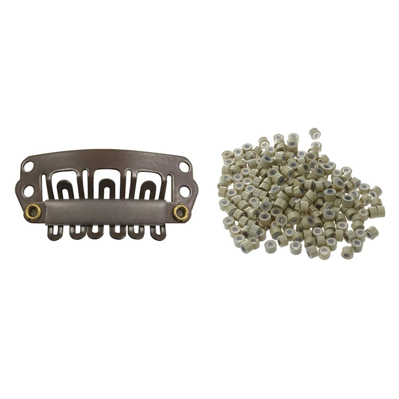 

200Pcs 5Mm Blonde Color Silicone Lined Micro-Rings & 10Pcs Brown Snap Clips U-Shape Metal Clips For Hair Extensions Diy