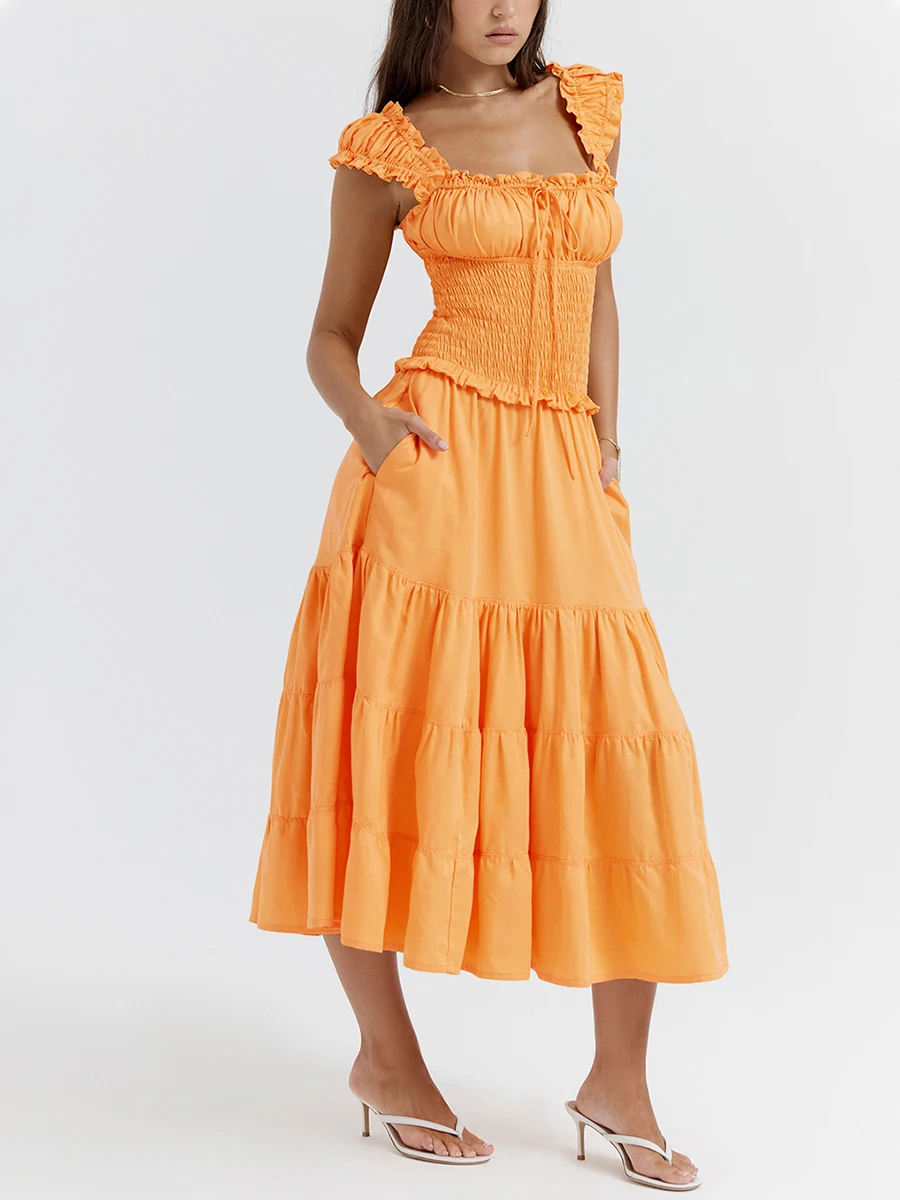 

Women Summer Flowy Long Corset Dress Sleeveless Square Neck Tiered Ruffle Maxi Dress for Vacation