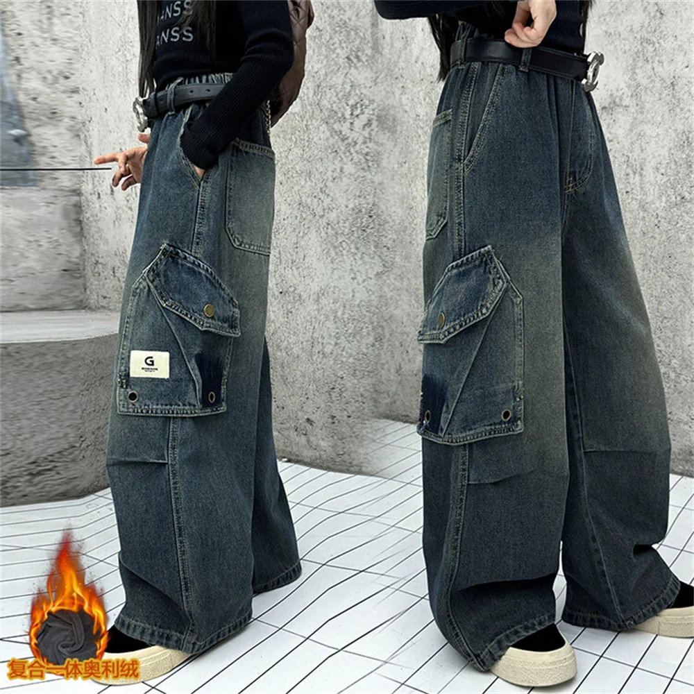 K5503 добавляет бархатные и утолщенные джинсы для девочек широкие брюки детские