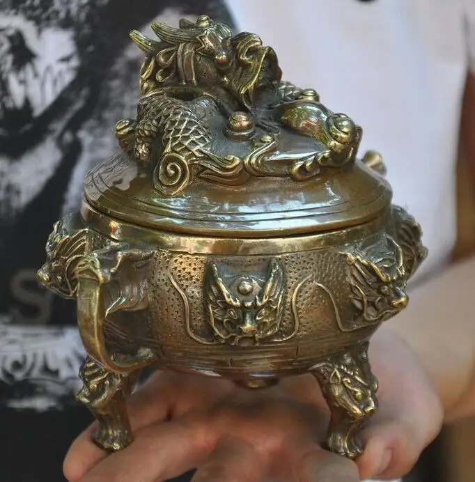 Old Chinese Bronze Dragons Loong Dragon Beast Head Statue Incense Burner Censer |