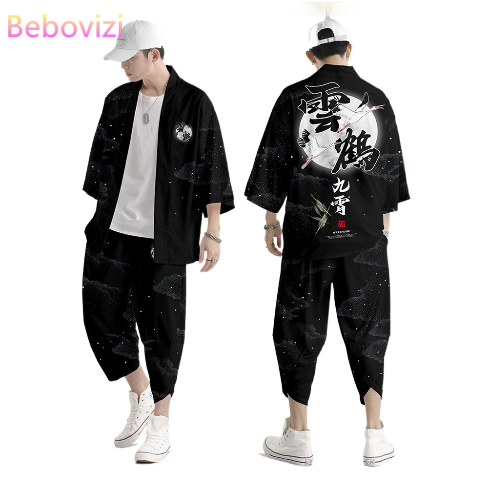 Traje de dos piezas de talla grande para hombre y mujer, cárdigan japonés suelto de S-6XL, ropa Yukata de Cosplay, conjuntos de Kimono y pantalones Harajuku Samurai