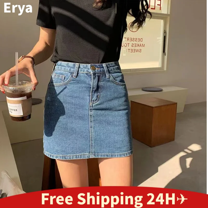 

Vintage Denim Mini Skirts Women Summer Sexy Solid Colour Ball Gown Skirts Jeans Female Casual Pocket Slim A-line Mini Skirts