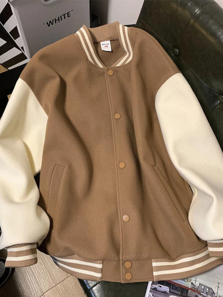 

Varsity Jacket Brown Stitching Baseball Jackets Oversized 2022 Spring Bomber Outerwear Coats Unisex Vintage Men Women Clothes