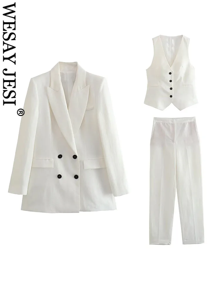 WESAY JESI TRAF Office Women Blazer Women Long Sleeve V Neck Blazer Sleeveless Vest +High Waist Wide Chic Leg Long Pants Sets