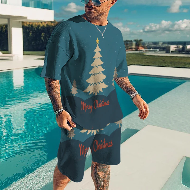 Summer Men's Tracksuit Set New  3D Printed  Oversized T-Shirt Fashion  Short Sleeve Christmas Casual O-Neck  2 Piece Suit