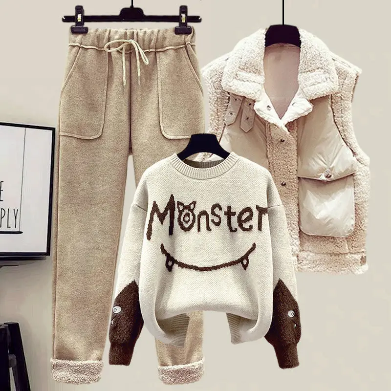 New Winter Women's Tracksuit Monster Letter Printed Knitted Pullover Sweater + Lamb Wool Vest +Casual Pants Suit 3 Piece Set