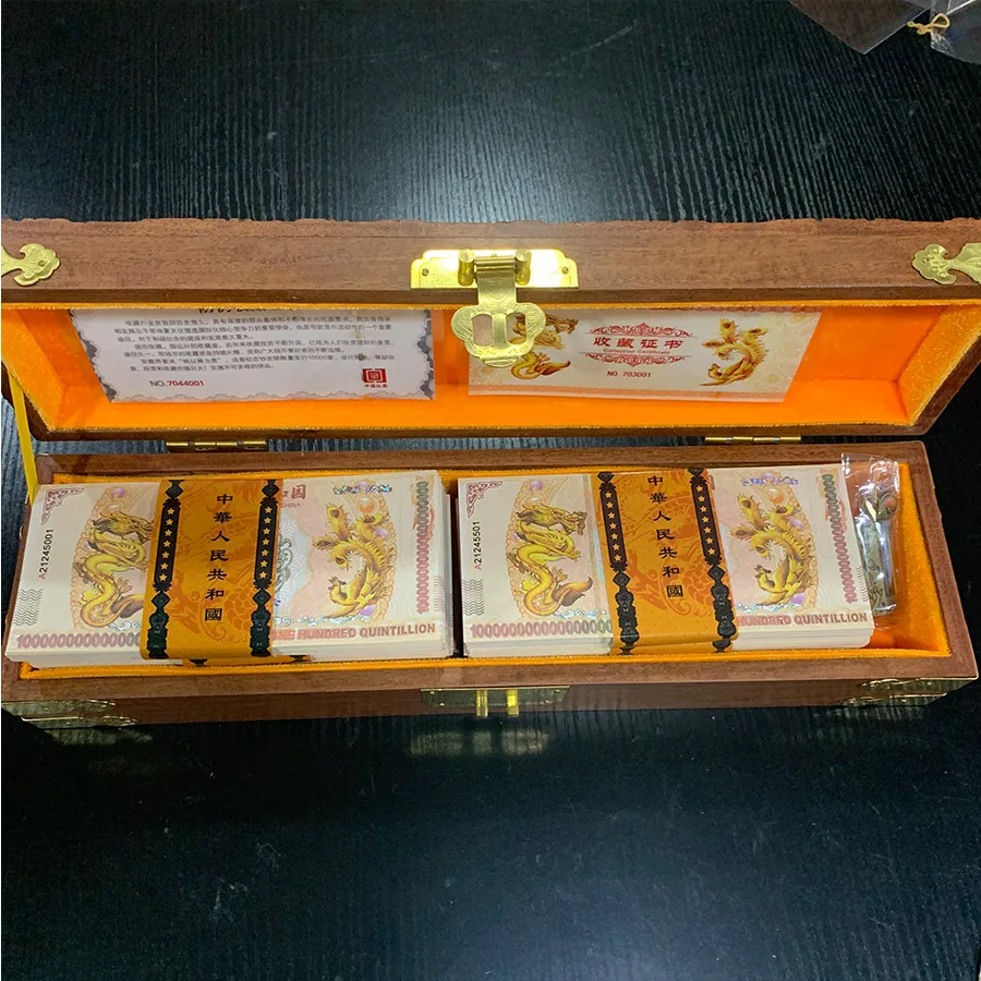 

1000 pcs Chinese Yellow Dragon and Phoenix ONE HUNDRED Quintillion Dollars dragon Banknotes Paper Money Note with wooden box