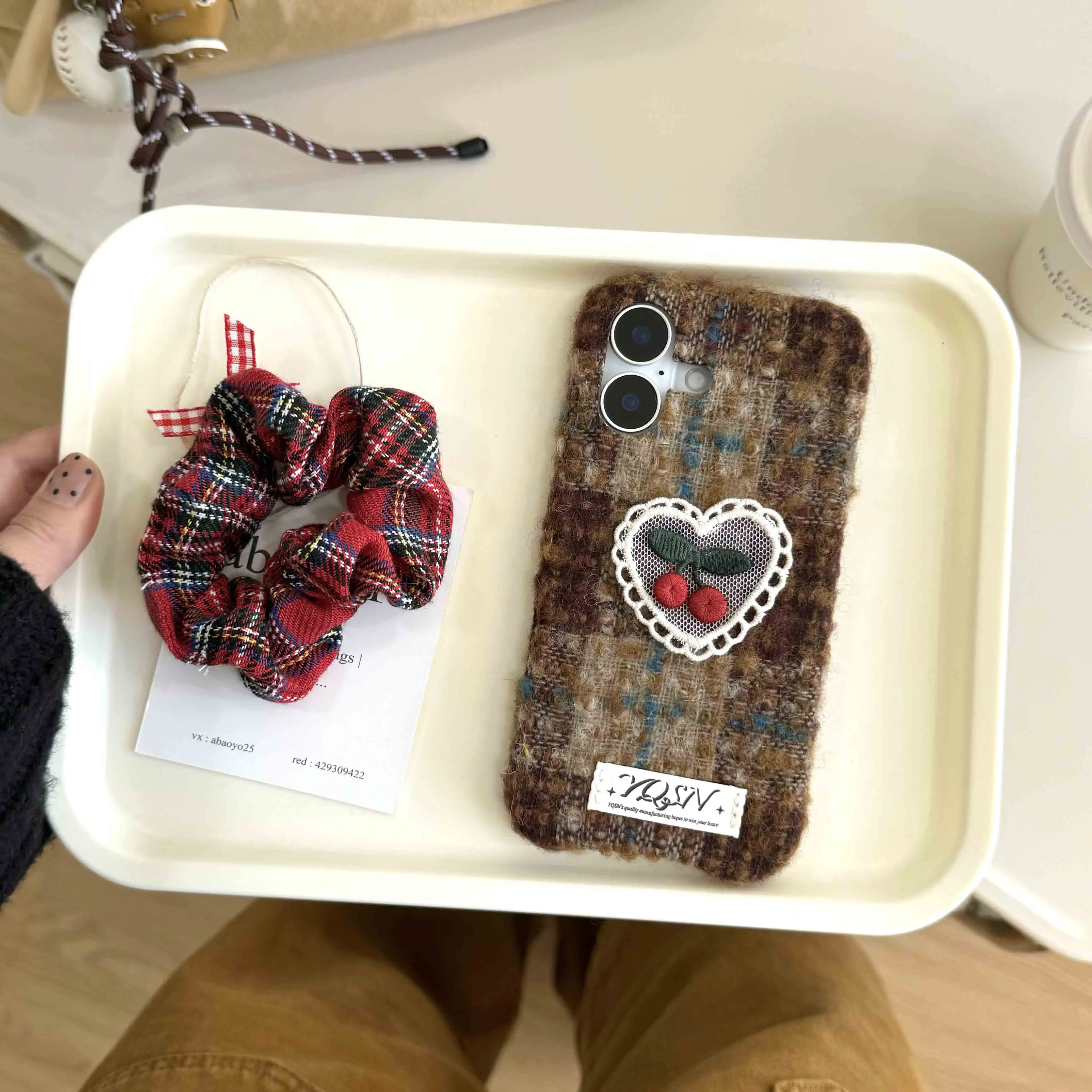 Ins embroidery love heart cherry cover for iphone 14promax 15pro 13 15 16 pro max 16pro 14 autume winter plaid check phone case