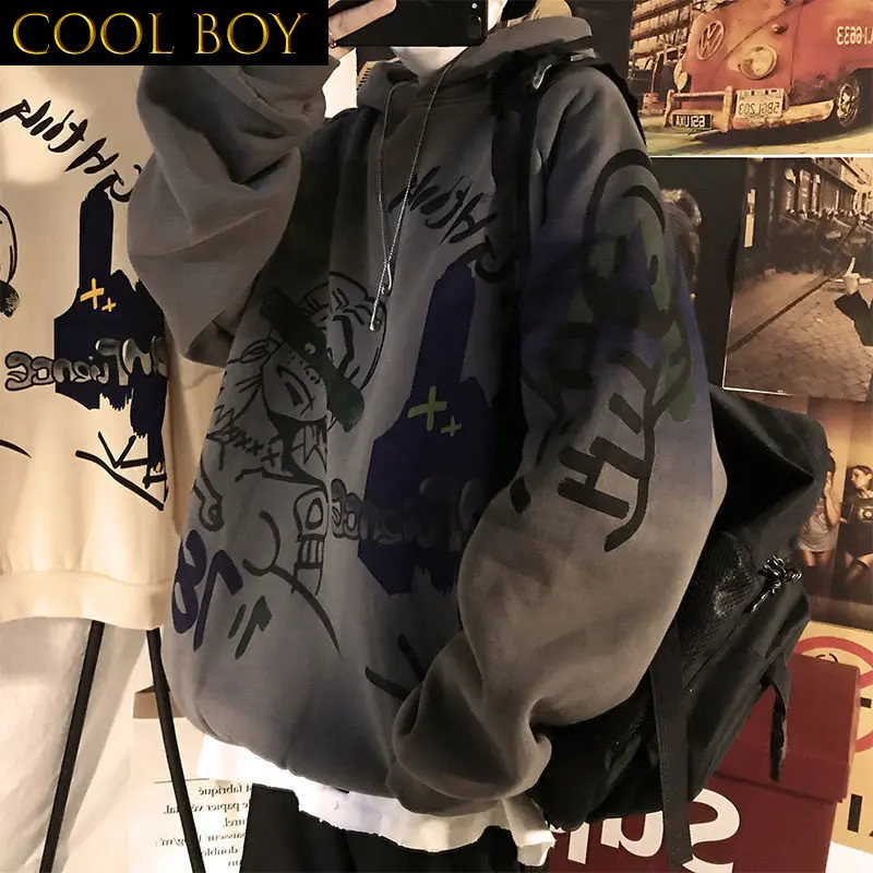 

J GIRLS Autumn and winter new graffiti landing shoulder hip hop hooded loose and versatile student tide brand trend Plush couple