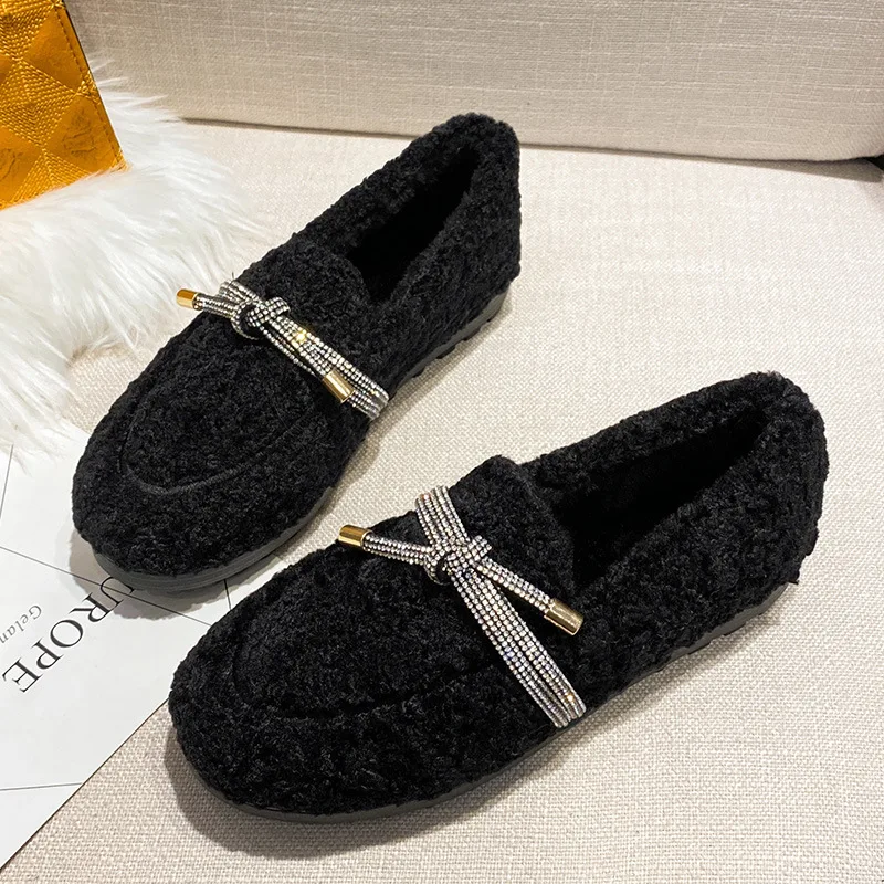 Crystal String Bowtie Loafers Women Curly Lambswool Flats Winter Cotton Shoes Ladies Office Dress