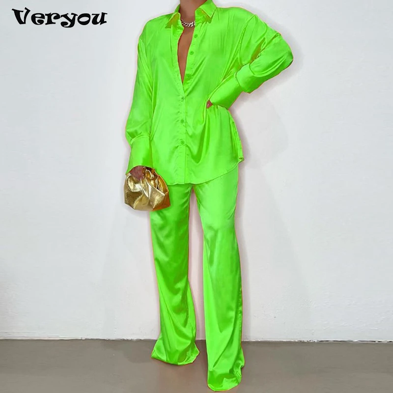 

Women's Elegant Satin Trousers Set Female Long Sleeve Shirt And Wide Leg Straight Pants Sleepwear 2Piece Set 2022 Autumn Outfits