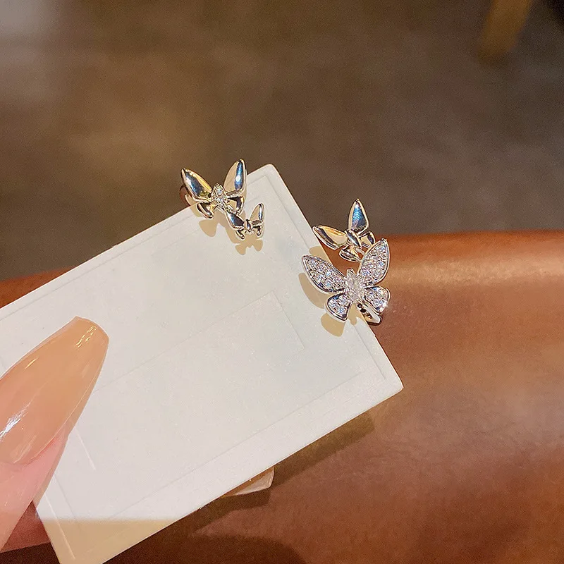 

Simple Butterfly Cuff Earrings Shiny CZ Zircon Double Bow Fine Jewelry