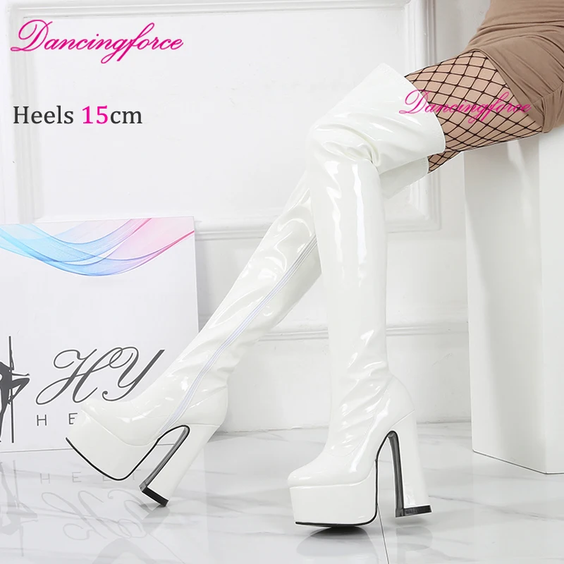 Красные блестящие сексуальные 15 см Квадратные Высокие Сапоги выше колена на