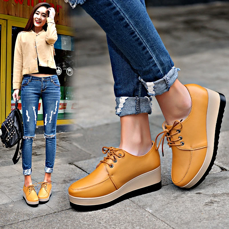 

Platform Brogue Woman Shoes Luxury Leather PU Soft Sole Chunky Women Shoes Stylish Outdoor Lace Up British Style Leather Shoes