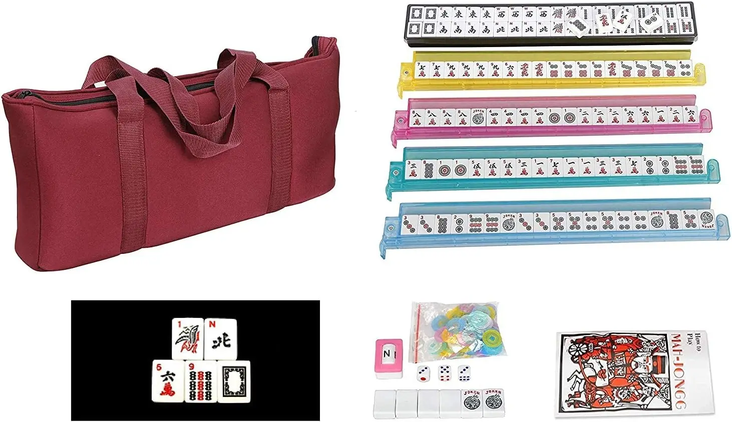 

American Mahjong Set - Red Burgundy Soft Bag - 166 White Engraved Tiles, 4 All-in-One Rack/Pushers Mah Jongg Game Set