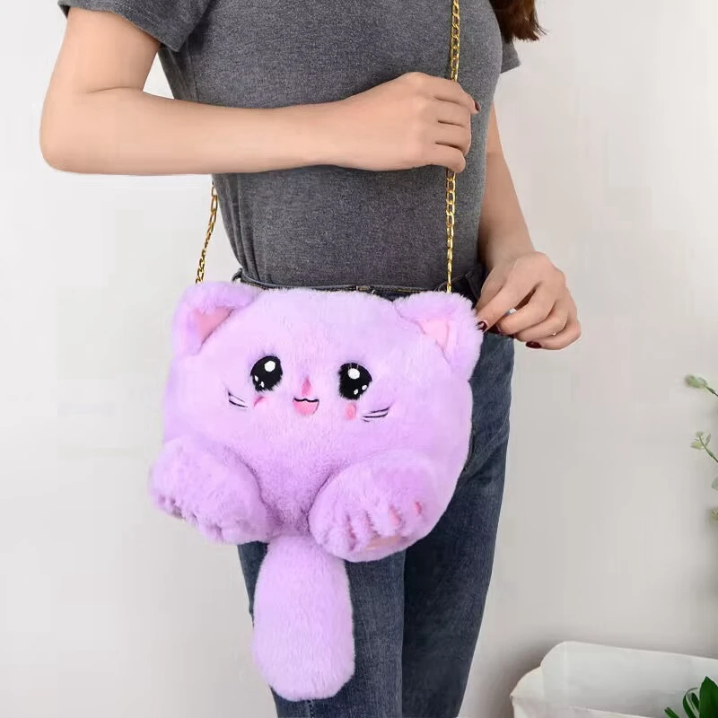 Cartoon Student Chain Crossbody Bag Girl Cute Animal Cat Plush Shoulder Bag Fashion  Mobile Phone Bag Female Purse