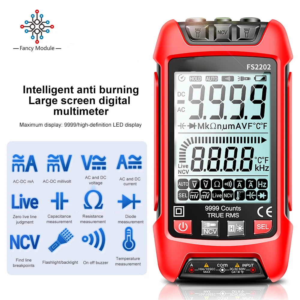 

Цифровой мультиметр FS2201 FS2202, автоматический диапазон, 9999 отсчетов, Вольтметр переменного/постоянного тока, тестер сопротивления, емкости, т...