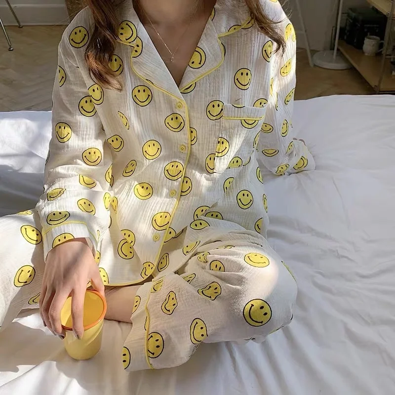 Lovely Cotton Gauze Pajamas Women Smiley Print Pijamas Korean Style Sleepwear Pyjamas 2 Piece Set Thin Homewear Loungewear