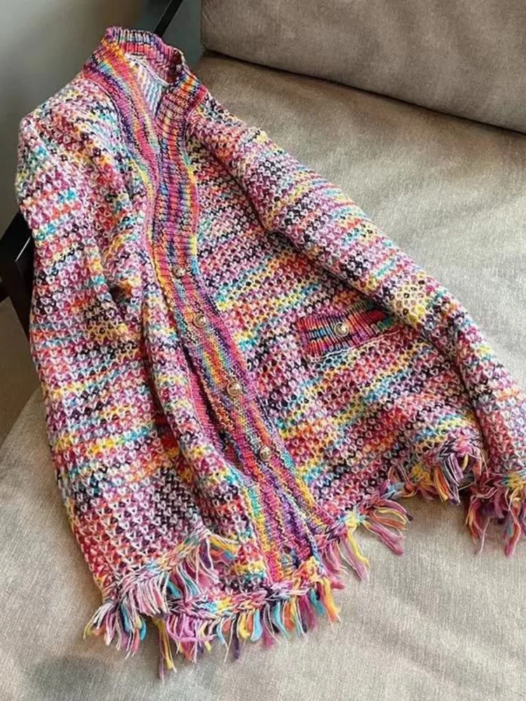 

Женский вязаный кардиган с бахромой, однобортный свитер радужной расцветки, повседневный модный винтажный свитер, осень 2023