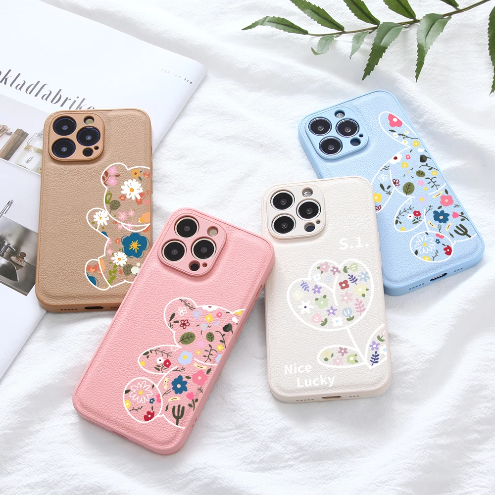 

Flower Bear Leather Phone Case For iPhone 13 12 11 Pro Max X XS XR 7 8 Plus SE Luxury PU Soft Back Cover For Apple iPhone 13 12